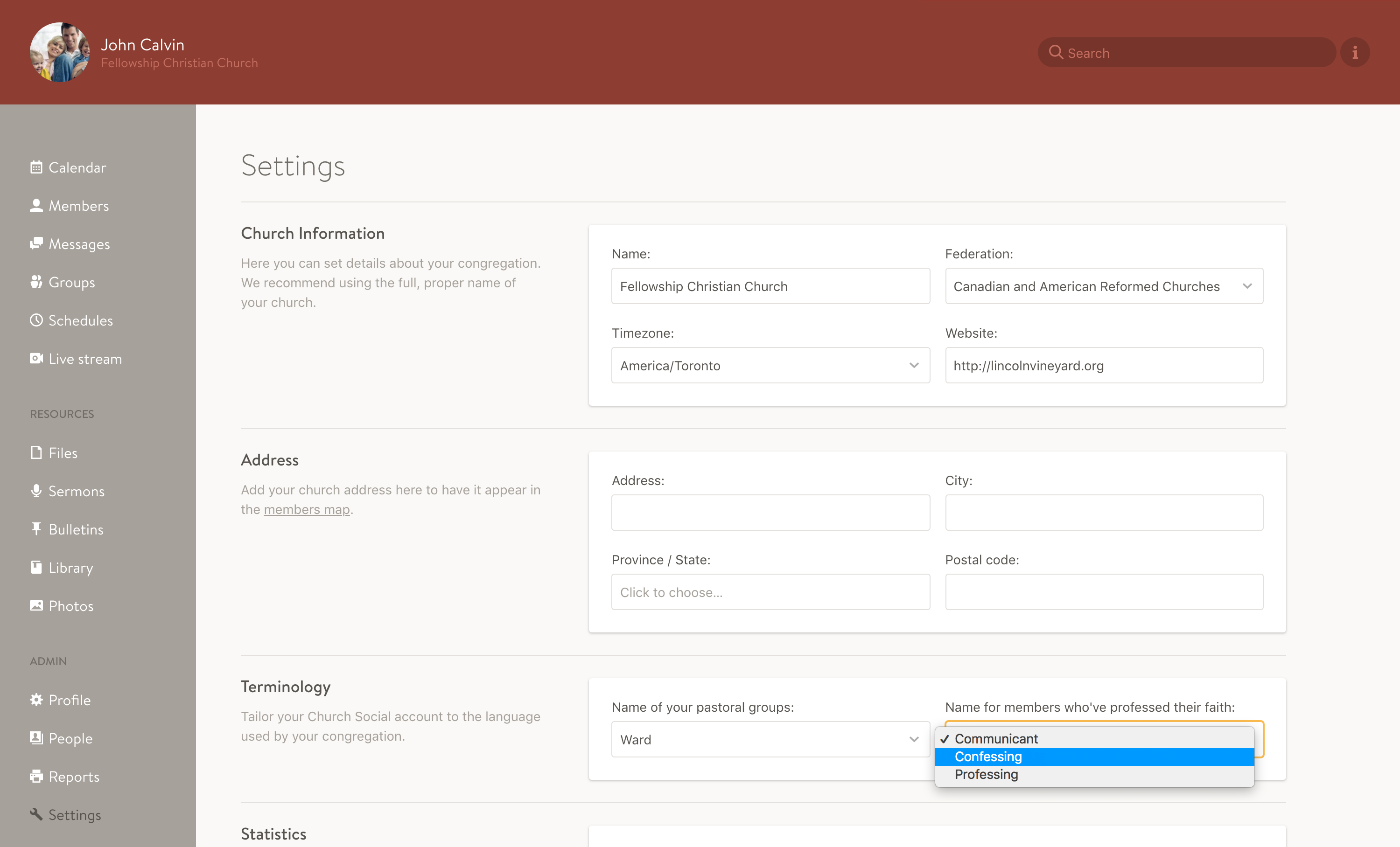 Screenshot of the settings page