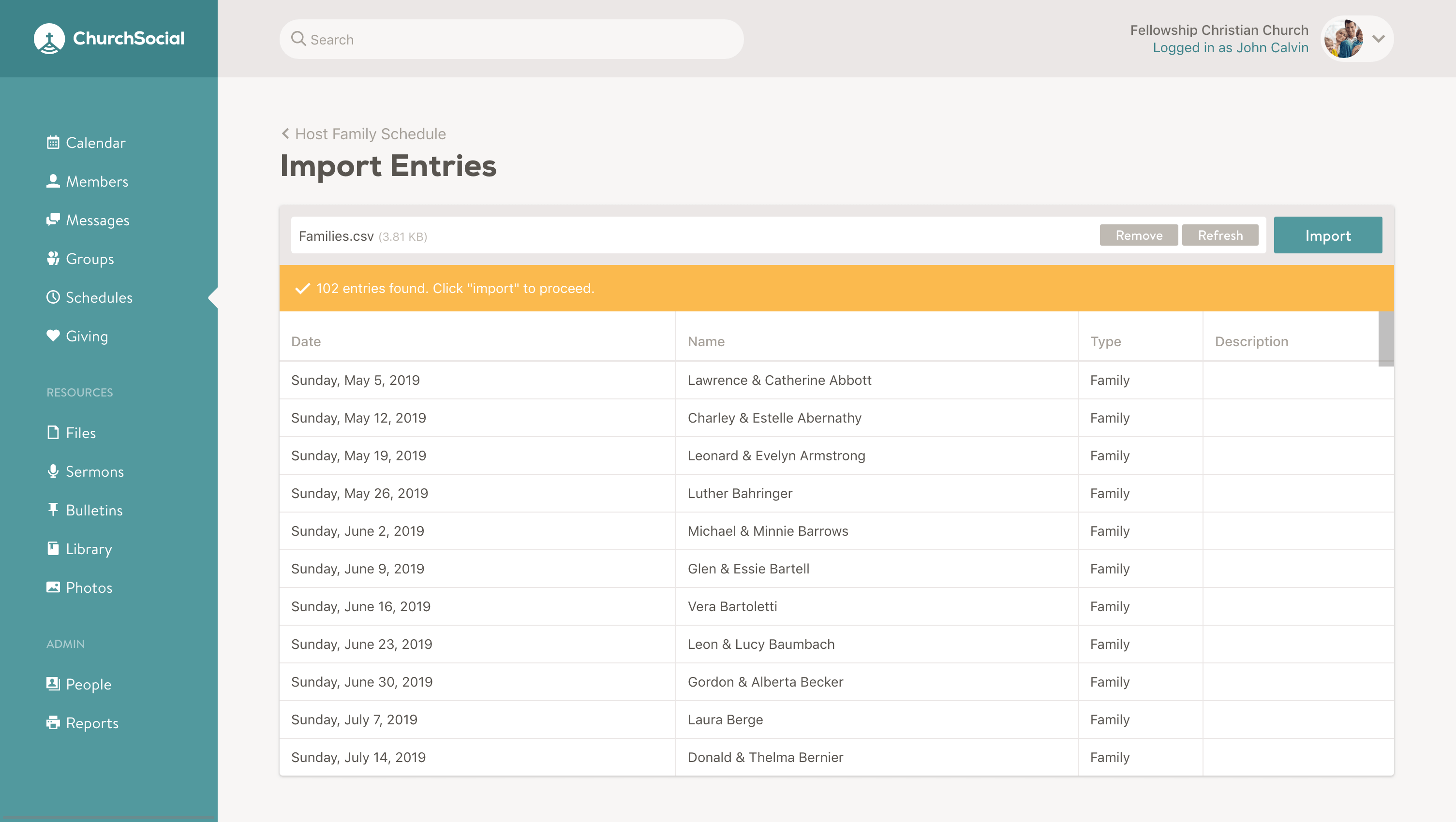 Screenshot of the schedule import tool