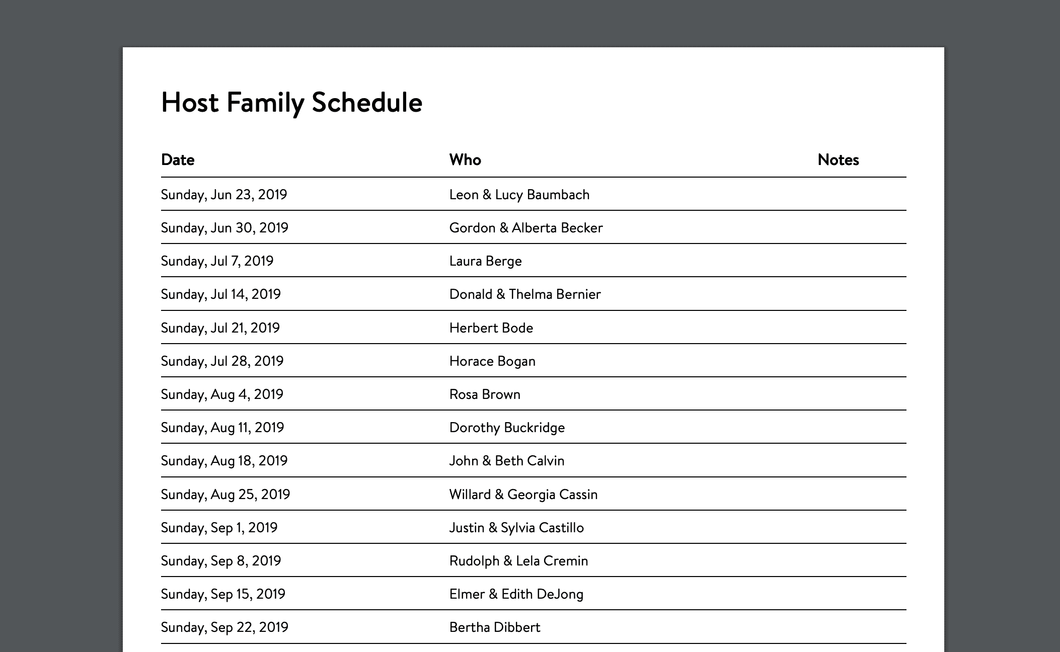 Screenshot of a printed host family schedule