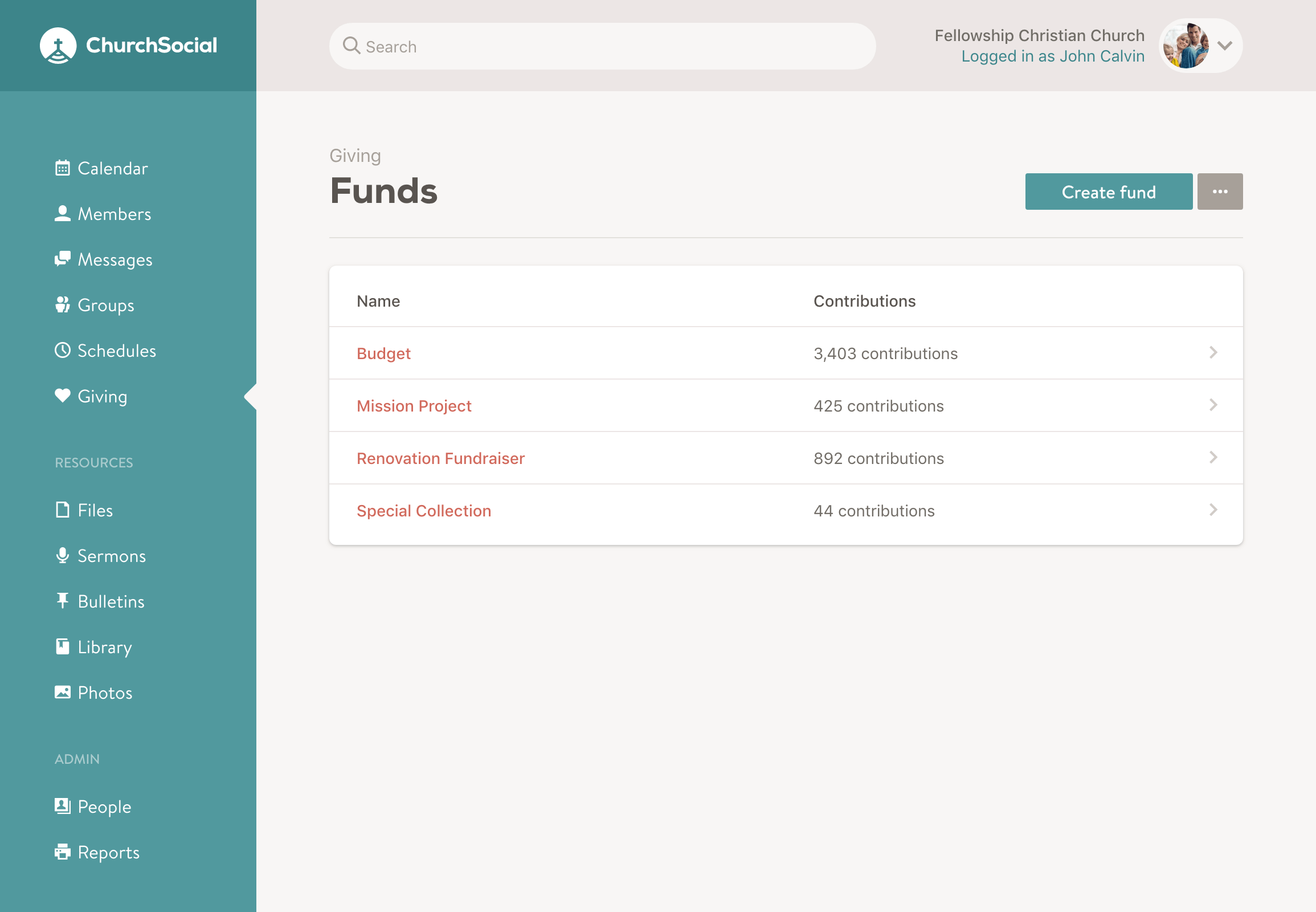 Screenshot of the funds page