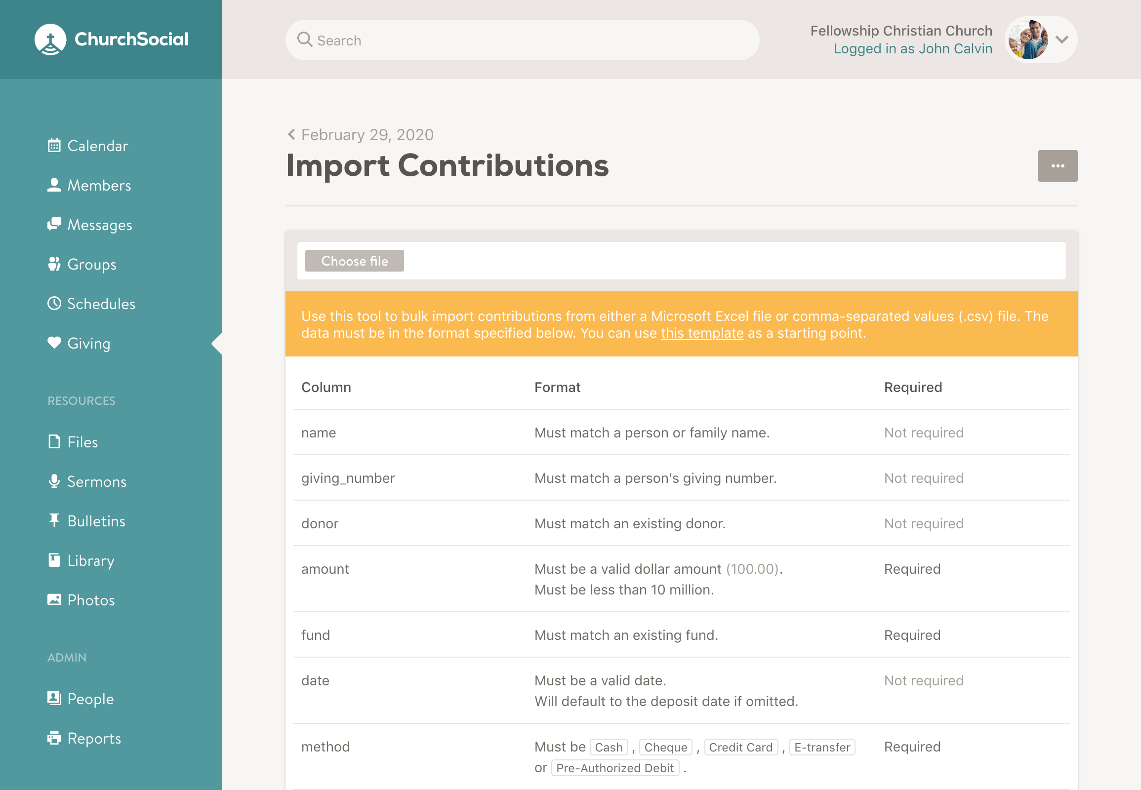 Screenshot of the import contributions page