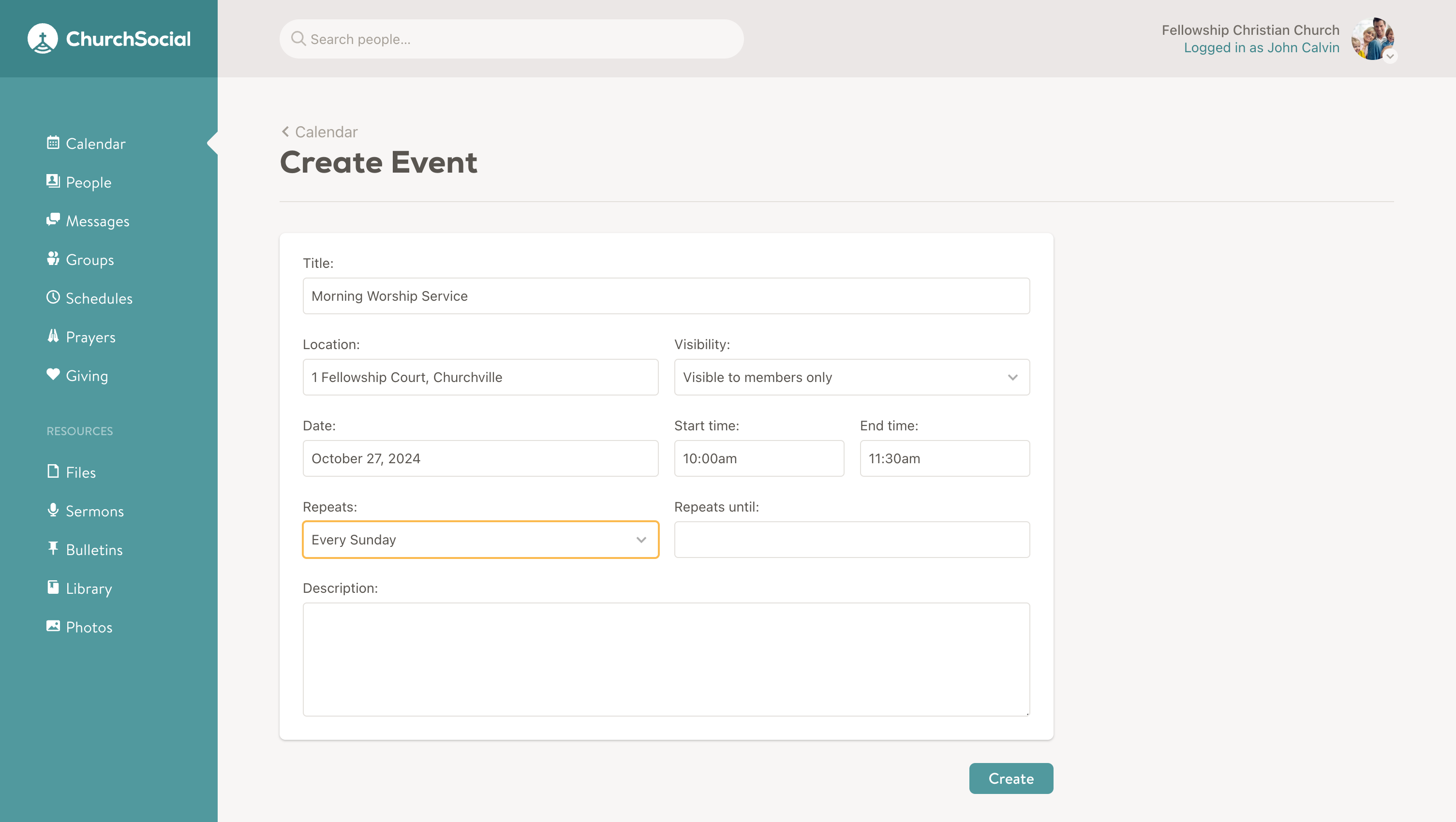 Screenshot of create event page