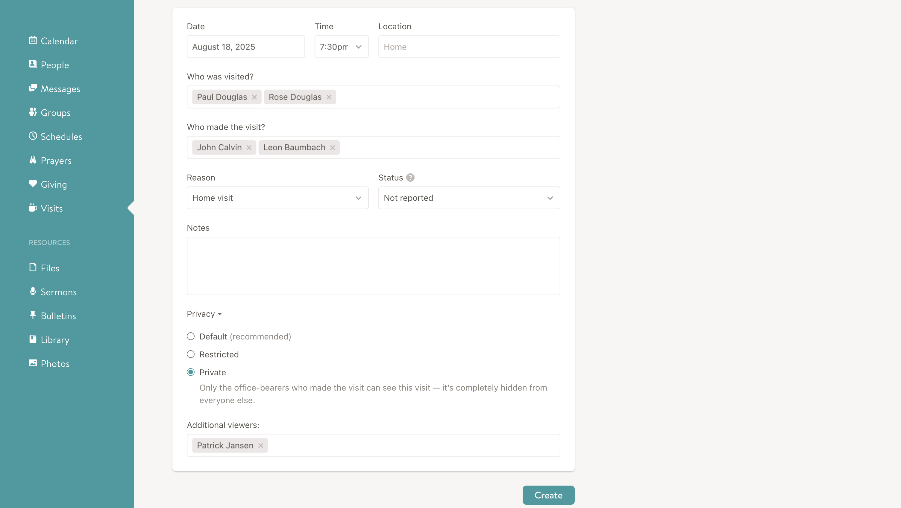 Screenshot of the create visit form