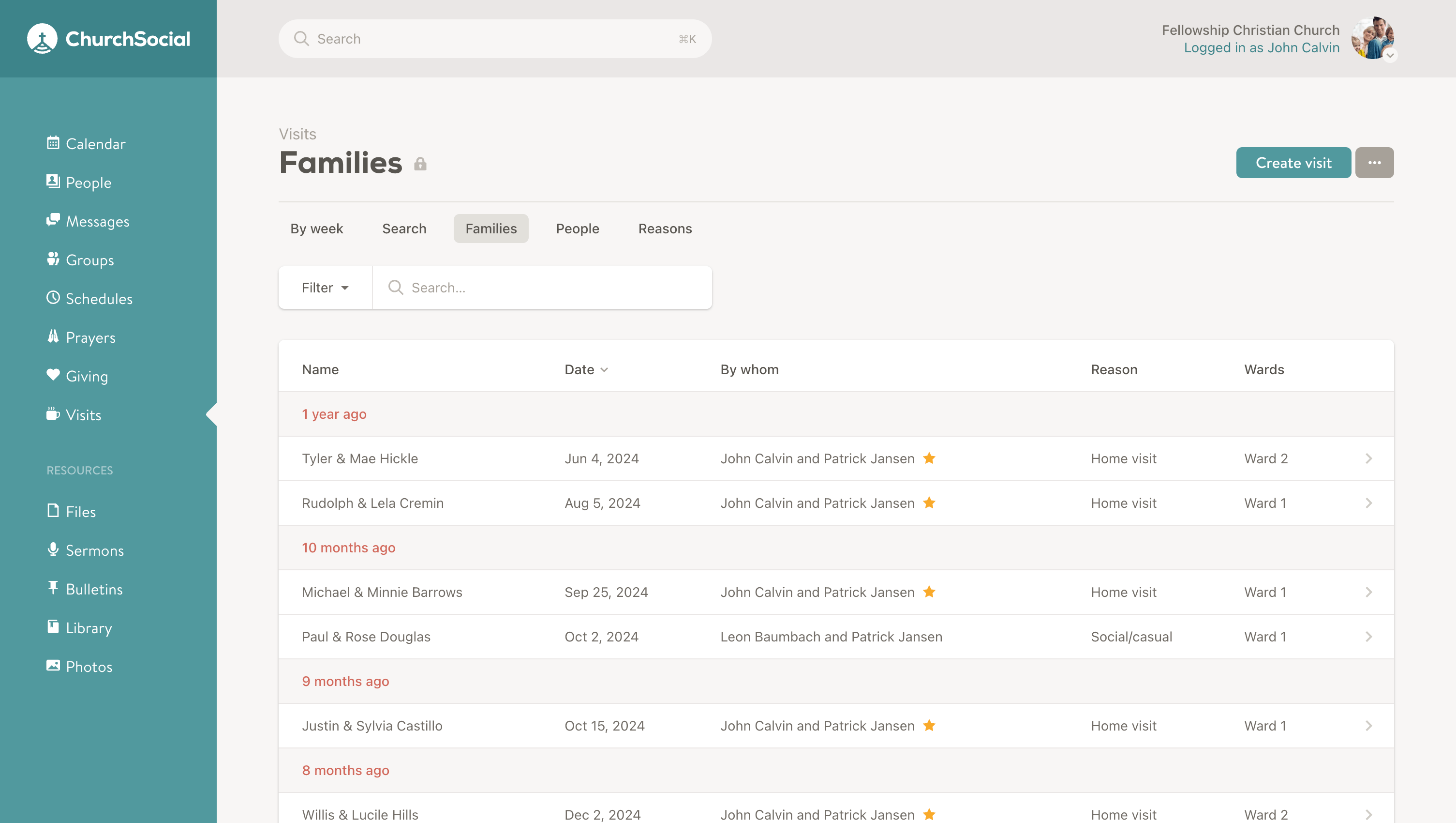 Screenshot of the family visits search page