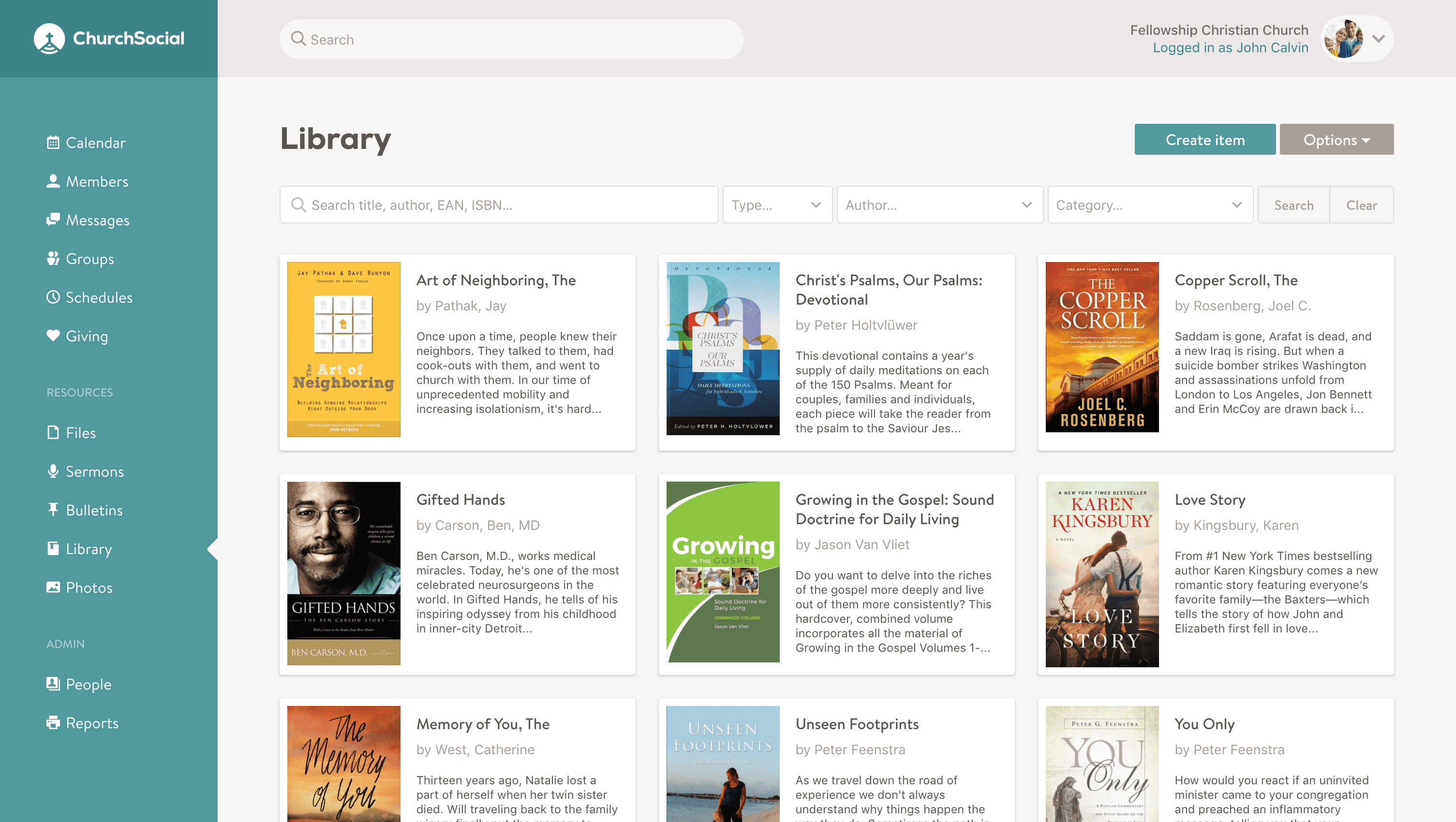 Screenshot of the library page