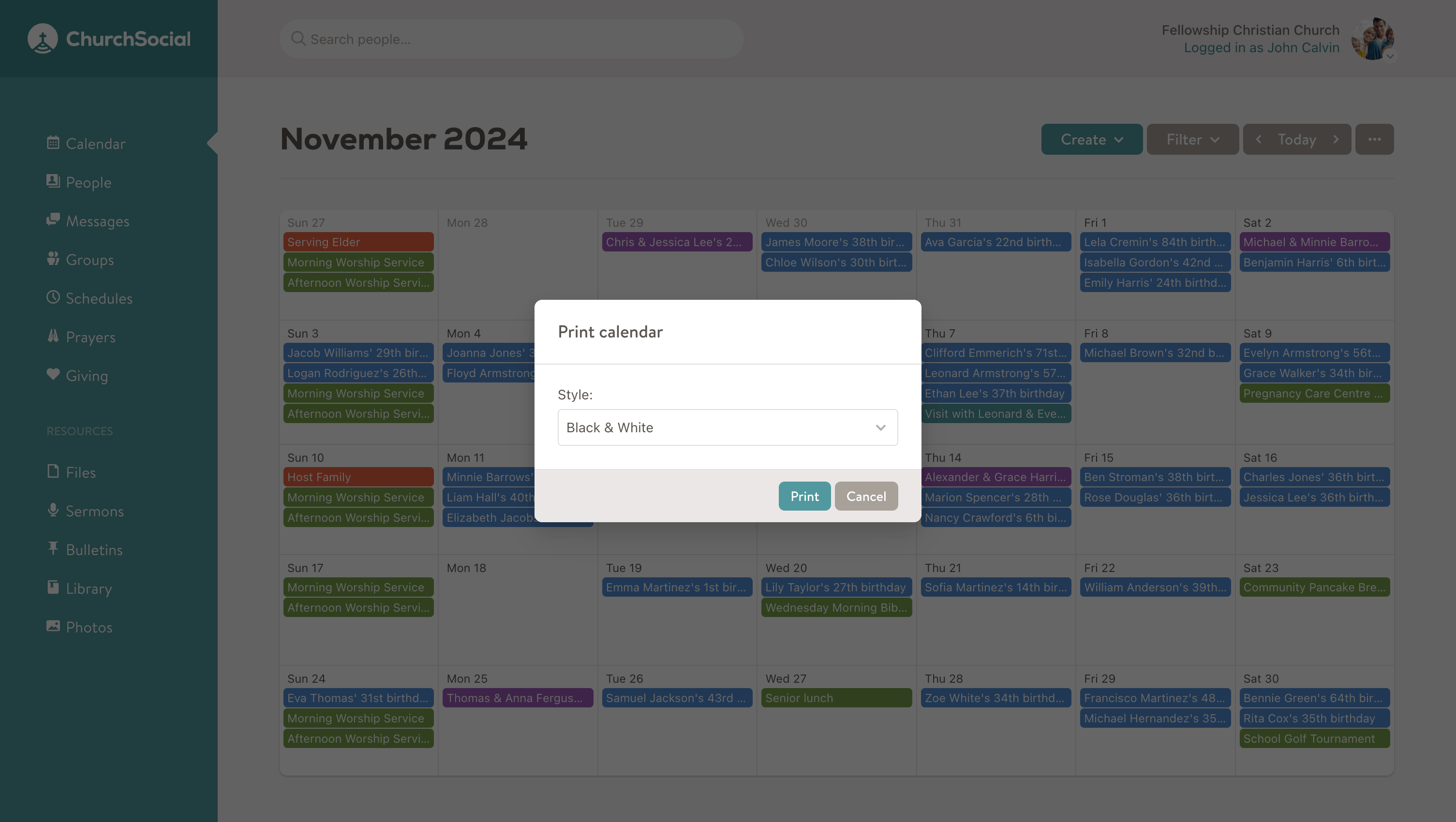 Screenshot of print calendar dialog