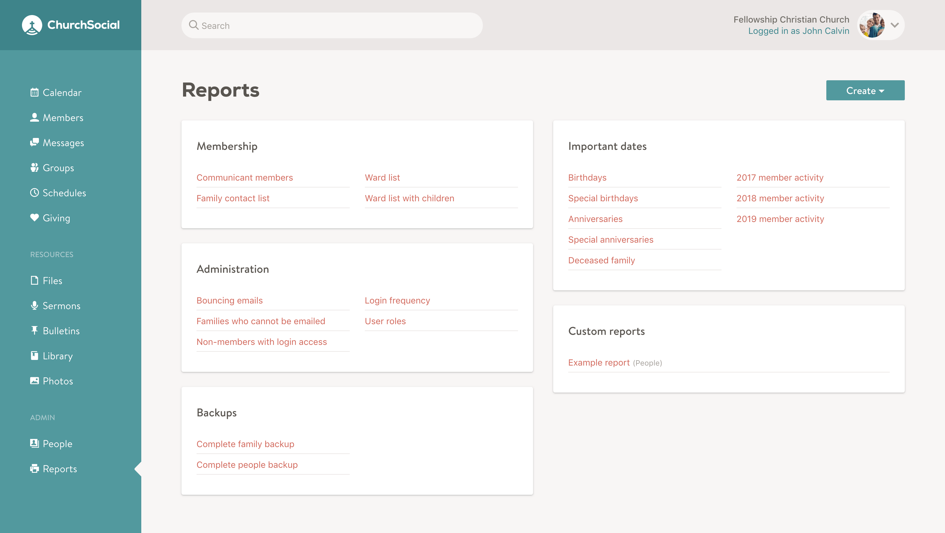 Screenshot of the reports index page