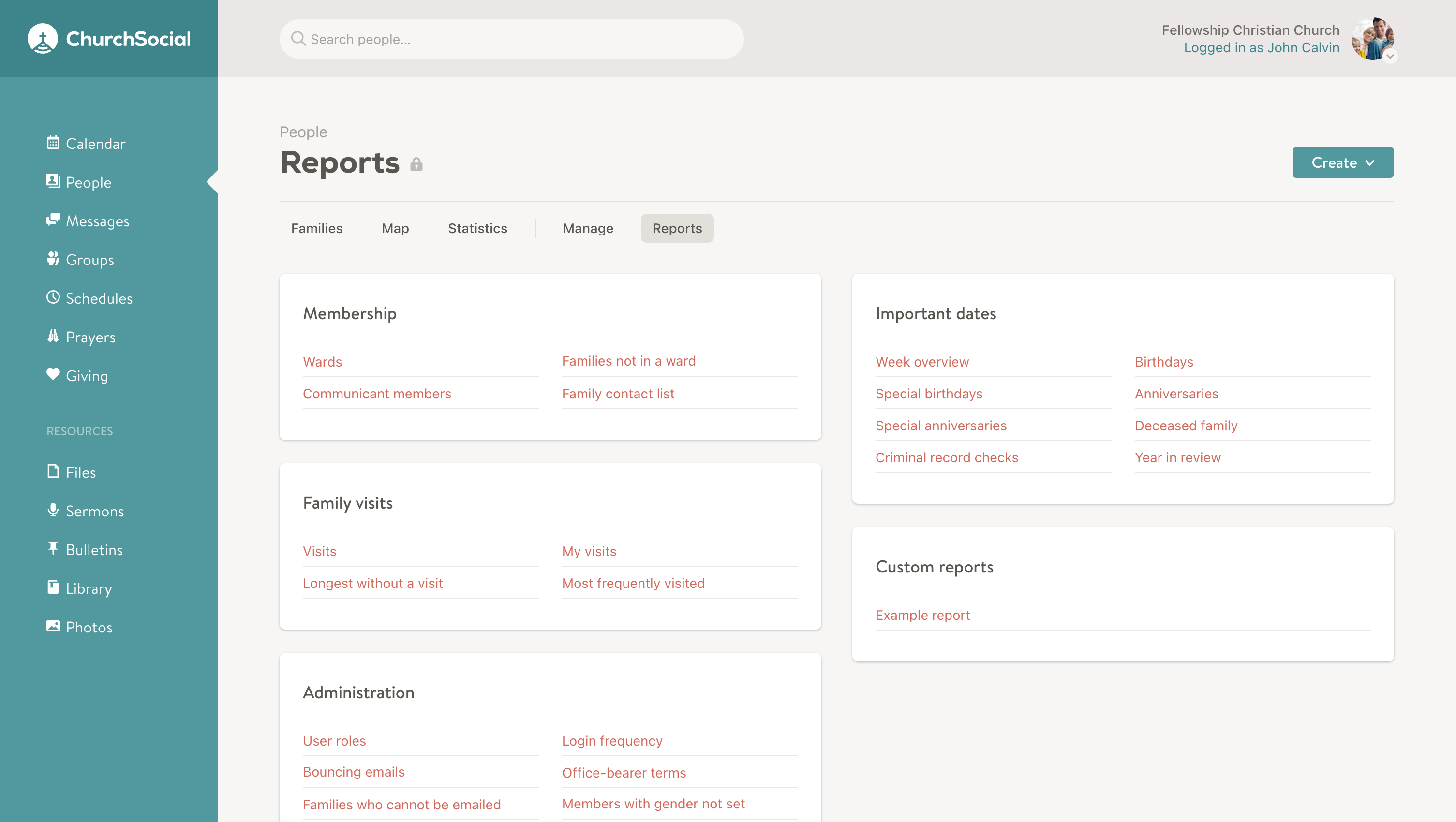 Screenshot of the reports index page