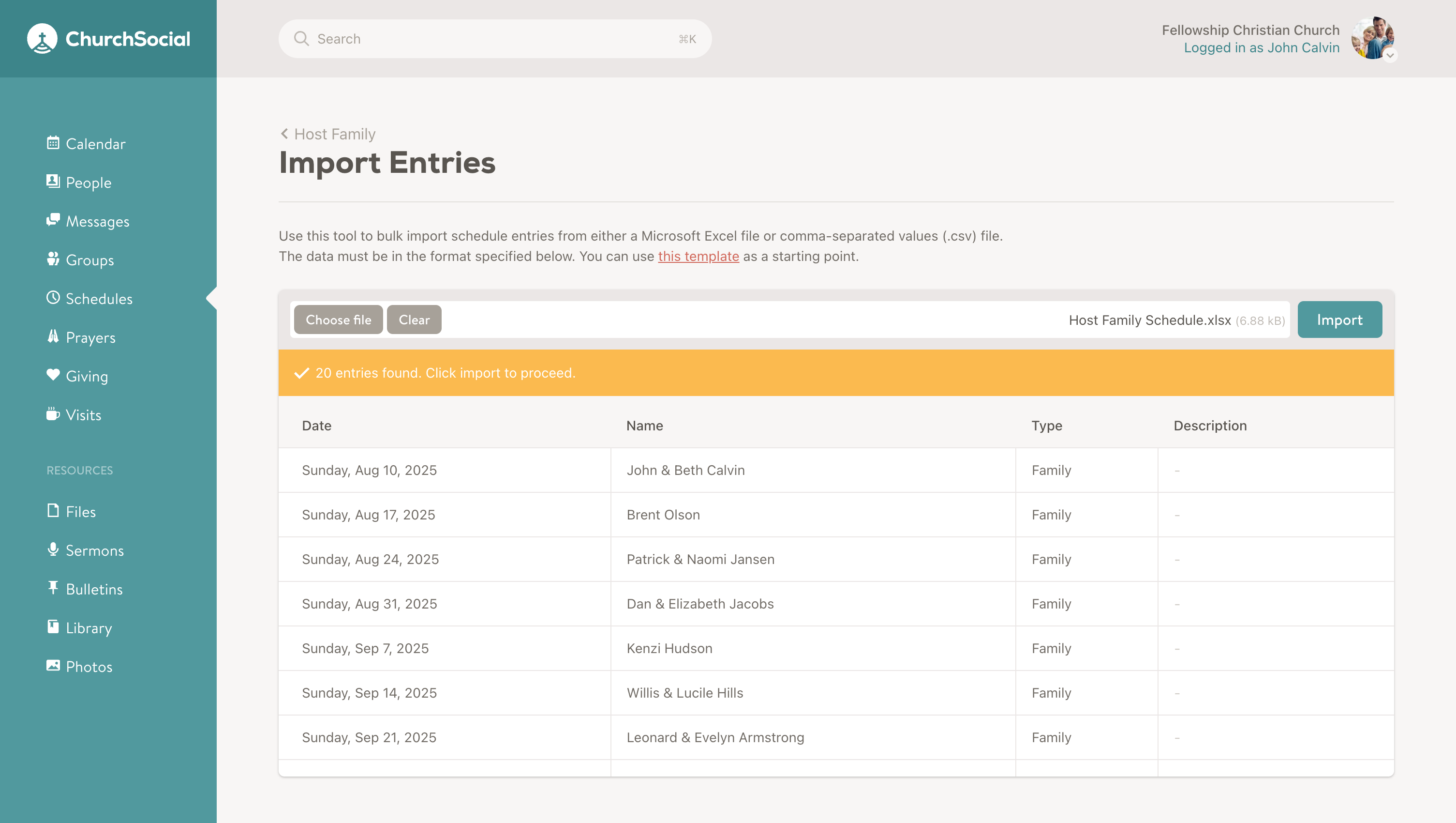 Screenshot of the schedule import page