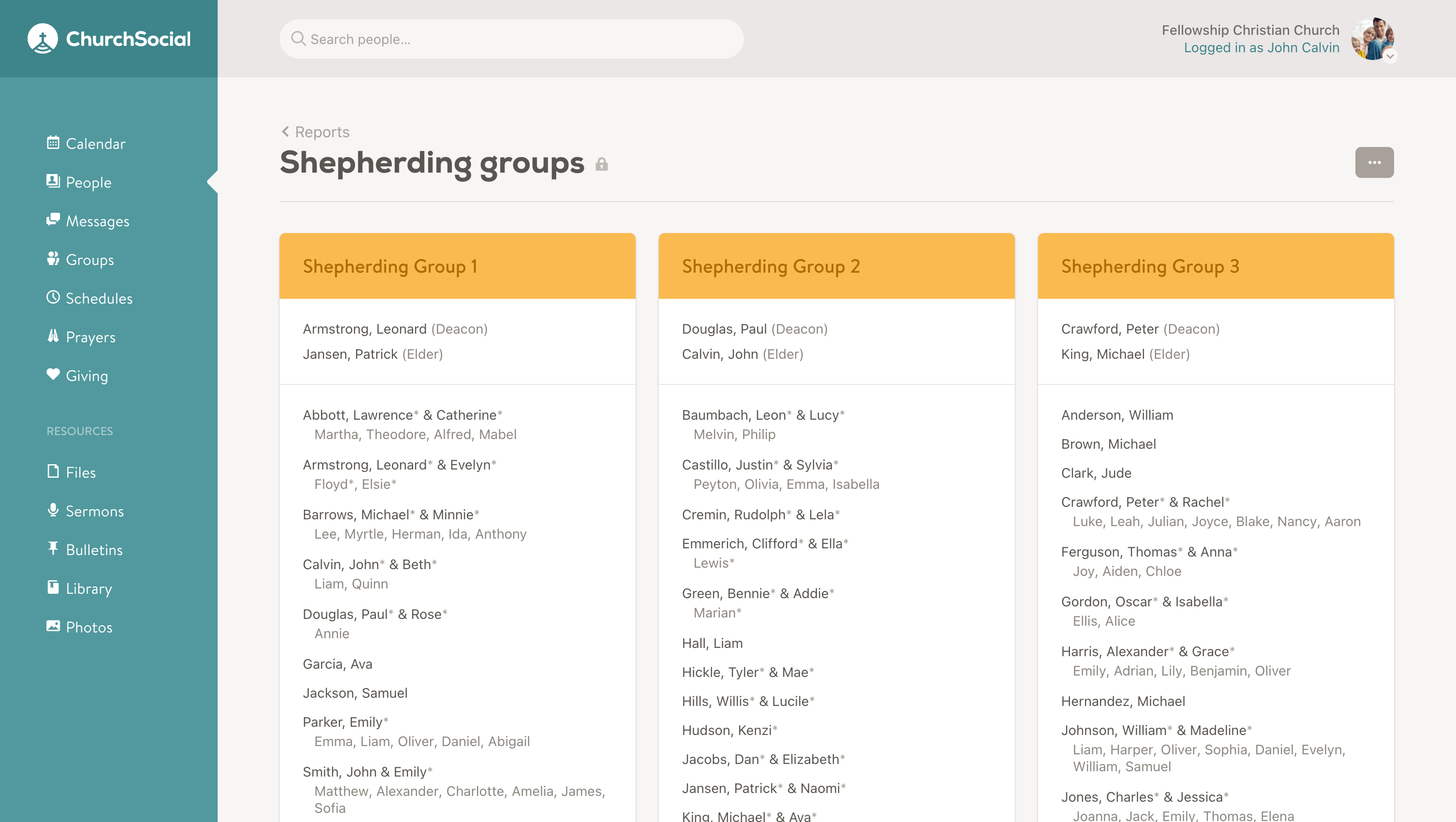 Screenshot of the shepherding group list report