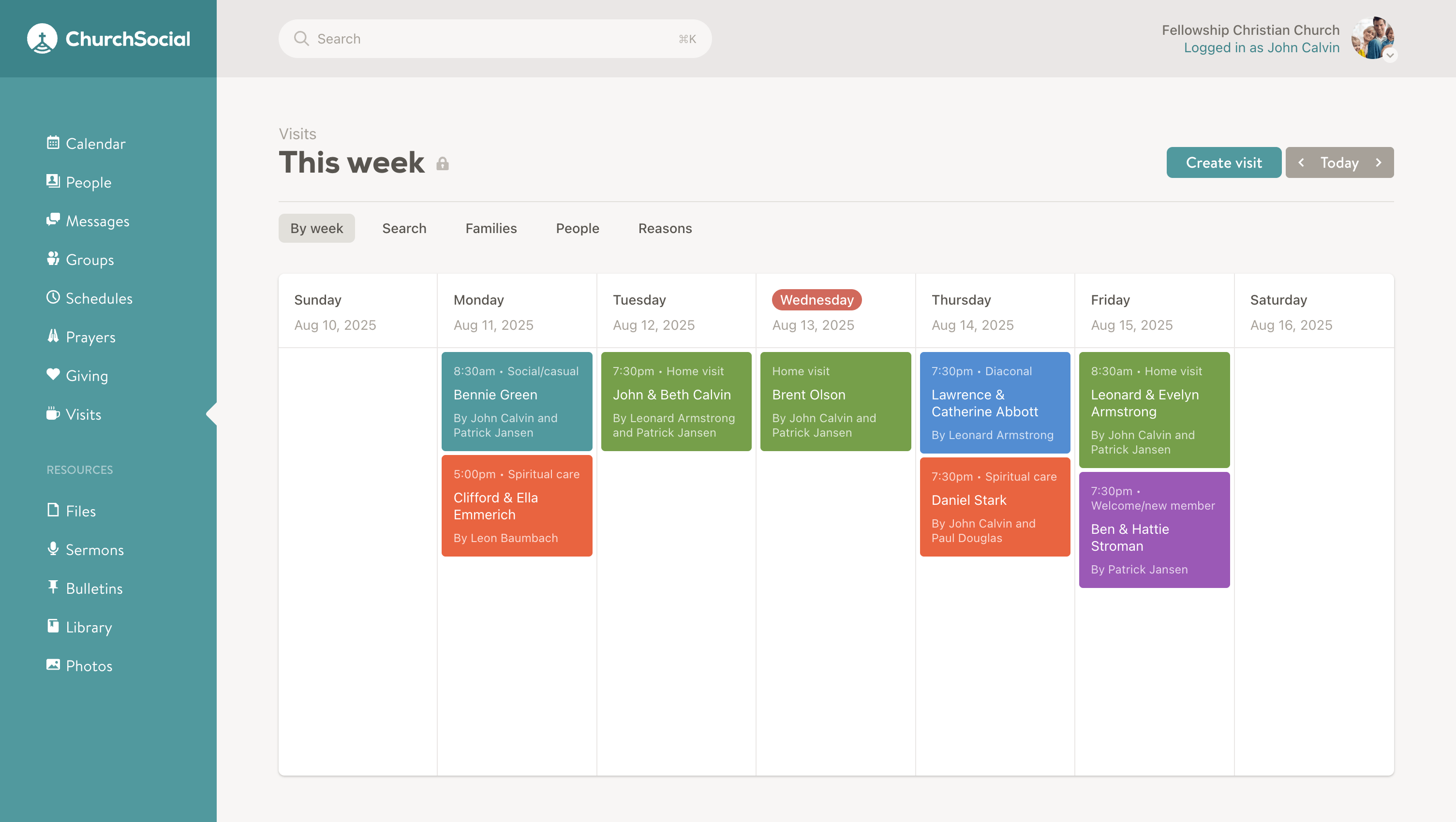 Screenshot of the visit calendar page